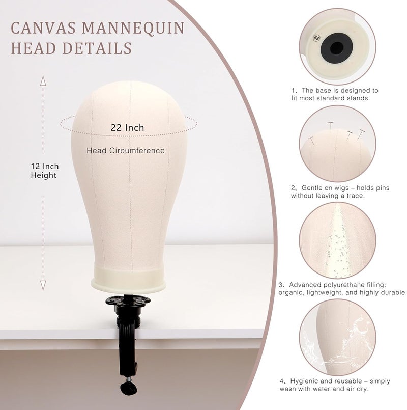 Demides 22" Canvas Block Mannequin Head for Wig Making, Hair Weaving, Styling and Display – Realistic Canvas Wig Head with Mount Hole, Fits Tripod Stand, Includes Essential Accessories for Training & Salon Use - Image 3